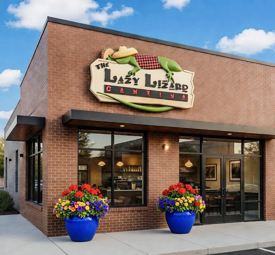 Entrance of Lazy Lizard Cantina with planters