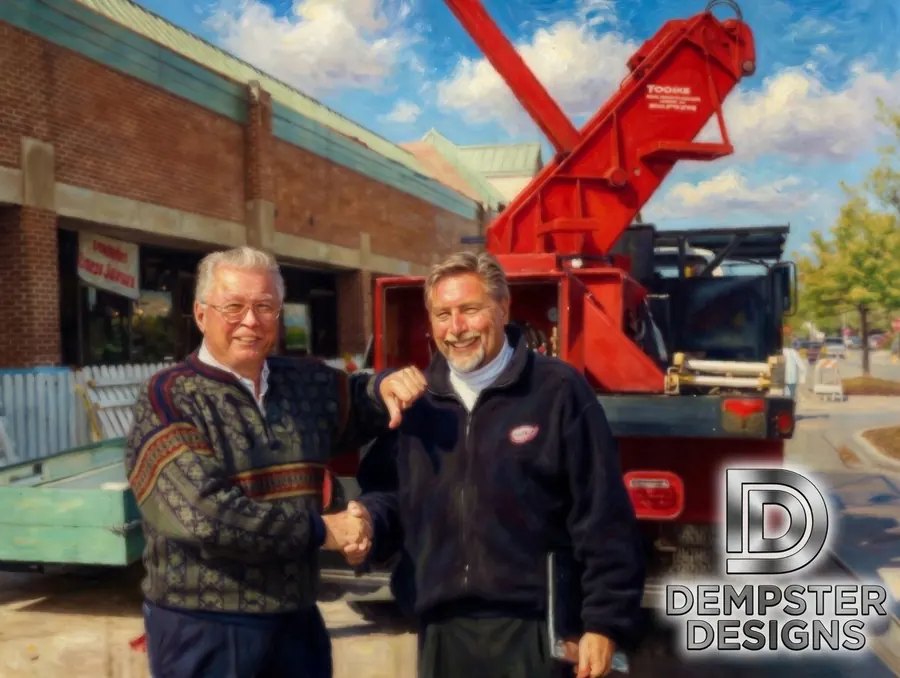 Two men shaking hands by red wood chipper