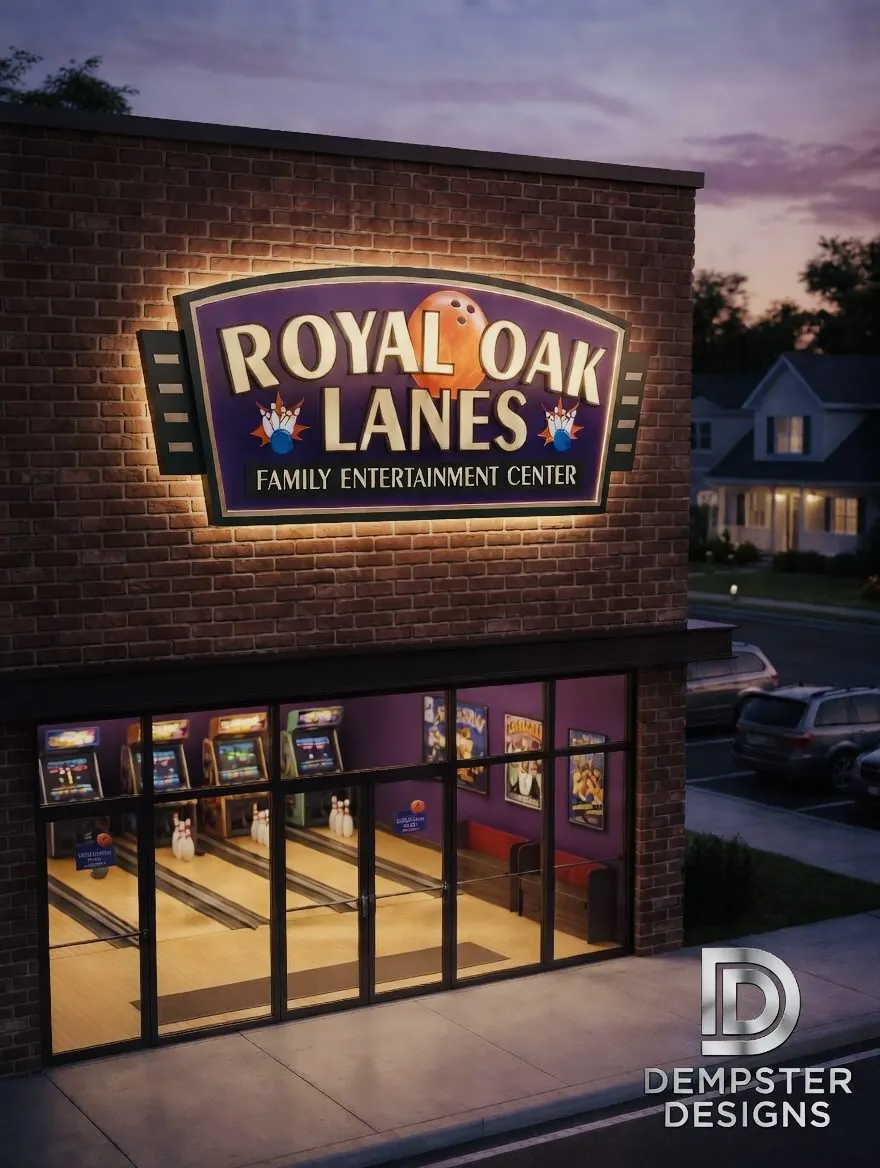 Royal Oak Lanes bowling alley storefront at dusk