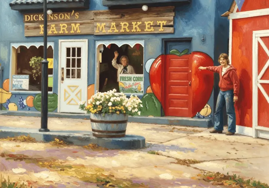 Farm market storefront with giant apple decoration