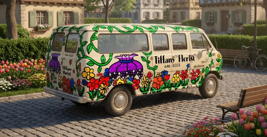 Vintage van painted with colorful flowers