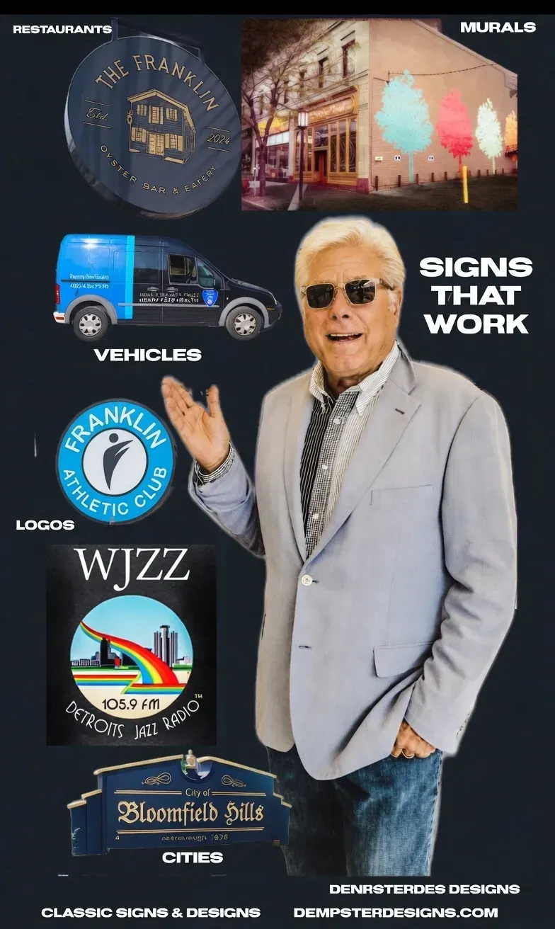 Man in sunglasses pointing at signage collage