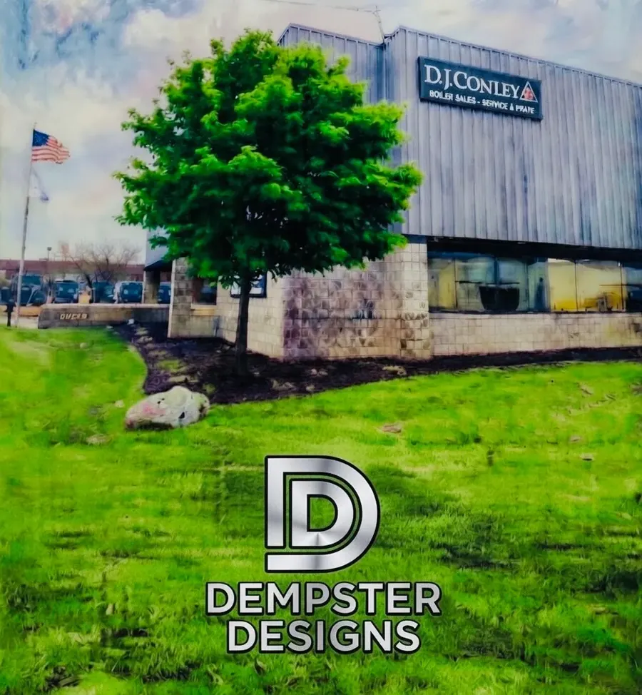 Dempster Designs logo on grassy storefront